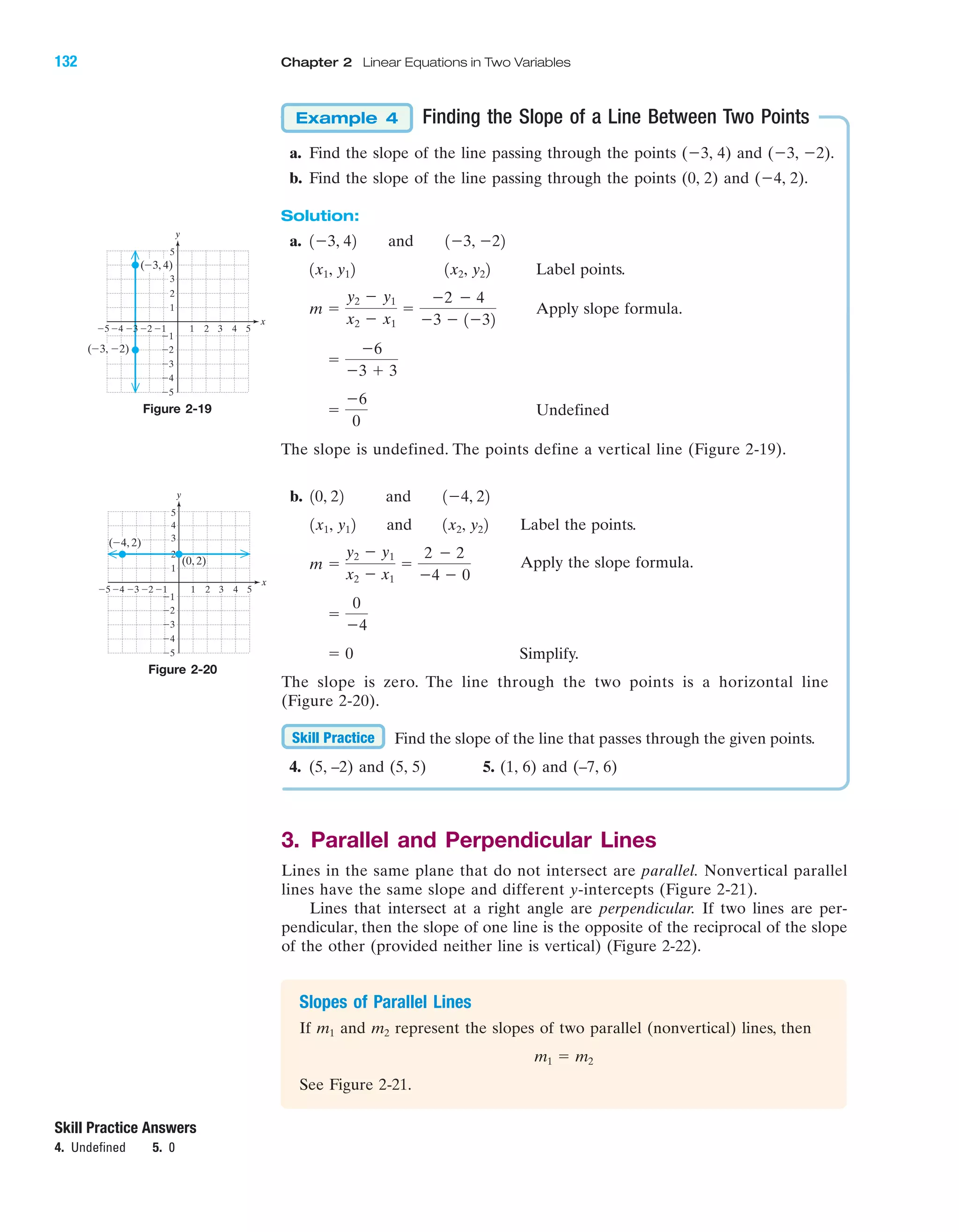 Skill Practice Answers
4. Undefined 5. 0
Finding the Slope of a Line Between Two Points
a. Find the slope of the line passing through the points (Ϫ3, 4) and (Ϫ3, Ϫ2).
b. Find the slope of the line passing through the points (0, 2) and (Ϫ4, 2).
Solution:
a.
Label points.
Apply slope formula.
Undefined
The slope is undefined. The points define a vertical line (Figure 2-19).
ϭ
Ϫ6
0
ϭ
Ϫ6
Ϫ3 ϩ 3
m ϭ
y2 Ϫ y1
x2 Ϫ x1
ϭ
Ϫ2 Ϫ 4
Ϫ3 Ϫ 1Ϫ32
1x2, y221x1, y12
1Ϫ3, 42 and 1Ϫ3, Ϫ22
Example 4
Figure 2-19
y
x
(Ϫ3, Ϫ2)
3 4 51 2
1
2
3
5
Ϫ4Ϫ5 Ϫ3 Ϫ1Ϫ2
(Ϫ3, 4)
Ϫ5
Ϫ2
Ϫ3
Ϫ4
Ϫ1
b.
and Label the points.
Apply the slope formula.
Simplify.
The slope is zero. The line through the two points is a horizontal line
(Figure 2-20).
Find the slope of the line that passes through the given points.
4. (5, –2) and (5, 5) 5. (1, 6) and (–7, 6)
3. Parallel and Perpendicular Lines
Lines in the same plane that do not intersect are parallel. Nonvertical parallel
lines have the same slope and different y-intercepts (Figure 2-21).
Lines that intersect at a right angle are perpendicular. If two lines are per-
pendicular, then the slope of one line is the opposite of the reciprocal of the slope
of the other (provided neither line is vertical) (Figure 2-22).
Skill Practice
ϭ 0
ϭ
0
Ϫ4
m ϭ
y2 Ϫ y1
x2 Ϫ x1
ϭ
2 Ϫ 2
Ϫ4 Ϫ 0
1x2, y221x1, y12
10, 22 and 1Ϫ4, 22
Figure 2-20
y
x
3 4 51 2
1
2
5
4
3
Ϫ4Ϫ5 Ϫ3 Ϫ1Ϫ2
(Ϫ4, 2)
Ϫ5
Ϫ2
Ϫ3
Ϫ4
Ϫ1
(0, 2)
Slopes of Parallel Lines
If and represent the slopes of two parallel (nonvertical) lines, then
See Figure 2-21.
m1 ϭ m2
m2m1
IA
132 Chapter 2 Linear Equations in Two Variables
miL2872X_ch02_103-176 09/14/2006 06:41 PM Page 132
CONFIRMING PAGES
 