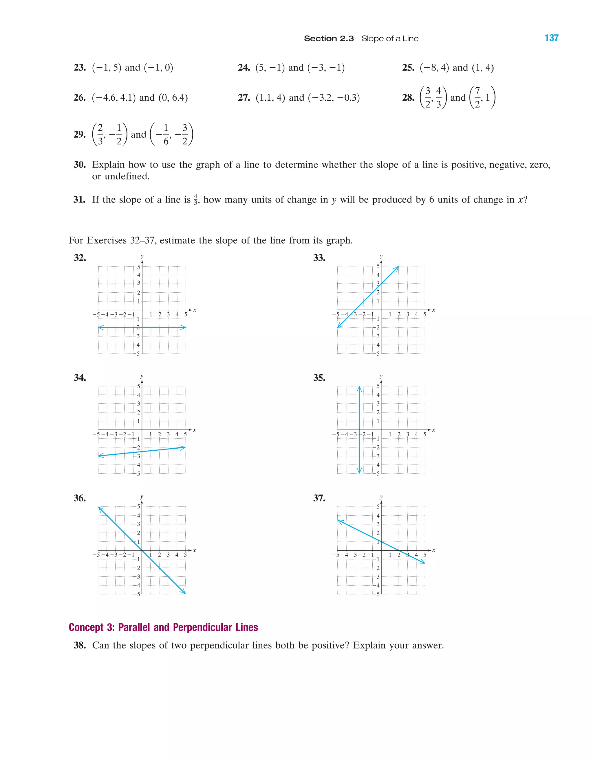 For Exercises 32–37, estimate the slope of the line from its graph.
32. 33.
34. 35.
36. 37.
Concept 3: Parallel and Perpendicular Lines
38. Can the slopes of two perpendicular lines both be positive? Explain your answer.
y
x
Ϫ5
Ϫ4
Ϫ3
Ϫ2
Ϫ1
1
2
3
4
5
Ϫ1 1 2 3 4 5Ϫ2Ϫ3Ϫ4Ϫ5
y
x
Ϫ5
Ϫ4
Ϫ3
Ϫ2
Ϫ1
1
2
3
4
5
Ϫ1 1 2 3 4 5Ϫ2Ϫ3Ϫ4Ϫ5
y
x
Ϫ5
Ϫ4
Ϫ3
Ϫ2
Ϫ1
1
2
3
4
5
Ϫ1 1 2 3 4 5Ϫ2Ϫ3Ϫ4Ϫ5
y
x
Ϫ5
Ϫ4
Ϫ3
Ϫ2
Ϫ1
1
2
3
4
5
Ϫ1 1 2 3 4 5Ϫ2Ϫ3Ϫ4Ϫ5
y
x
Ϫ5
Ϫ4
Ϫ3
Ϫ2
Ϫ1
1
2
3
4
5
Ϫ1 1 2 3 4 5Ϫ2Ϫ3Ϫ4Ϫ5
23. and 24. and 25. and (1, 4)
26. and (0, 6.4) 27. (1.1, 4) and 28. and
29. and
30. Explain how to use the graph of a line to determine whether the slope of a line is positive, negative, zero,
or undefined.
31. If the slope of a line is how many units of change in y will be produced by 6 units of change in x?4
3,
aϪ
1
6
, Ϫ
3
2
ba
2
3
, Ϫ
1
2
b
a
7
2
, 1ba
3
2
,
4
3
b1Ϫ3.2, Ϫ0.321Ϫ4.6, 4.12
1Ϫ8, 421Ϫ3, Ϫ1215, Ϫ121Ϫ1, 021Ϫ1, 52
y
x
3 4 51 2
1
2
5
4
3
Ϫ4Ϫ5 Ϫ3 Ϫ1Ϫ2
Ϫ5
Ϫ2
Ϫ3
Ϫ4
Ϫ1
IA
Section 2.3 Slope of a Line 137
miL2872X_ch02_103-176 09/14/2006 06:41 PM Page 137
CONFIRMING PAGES
 