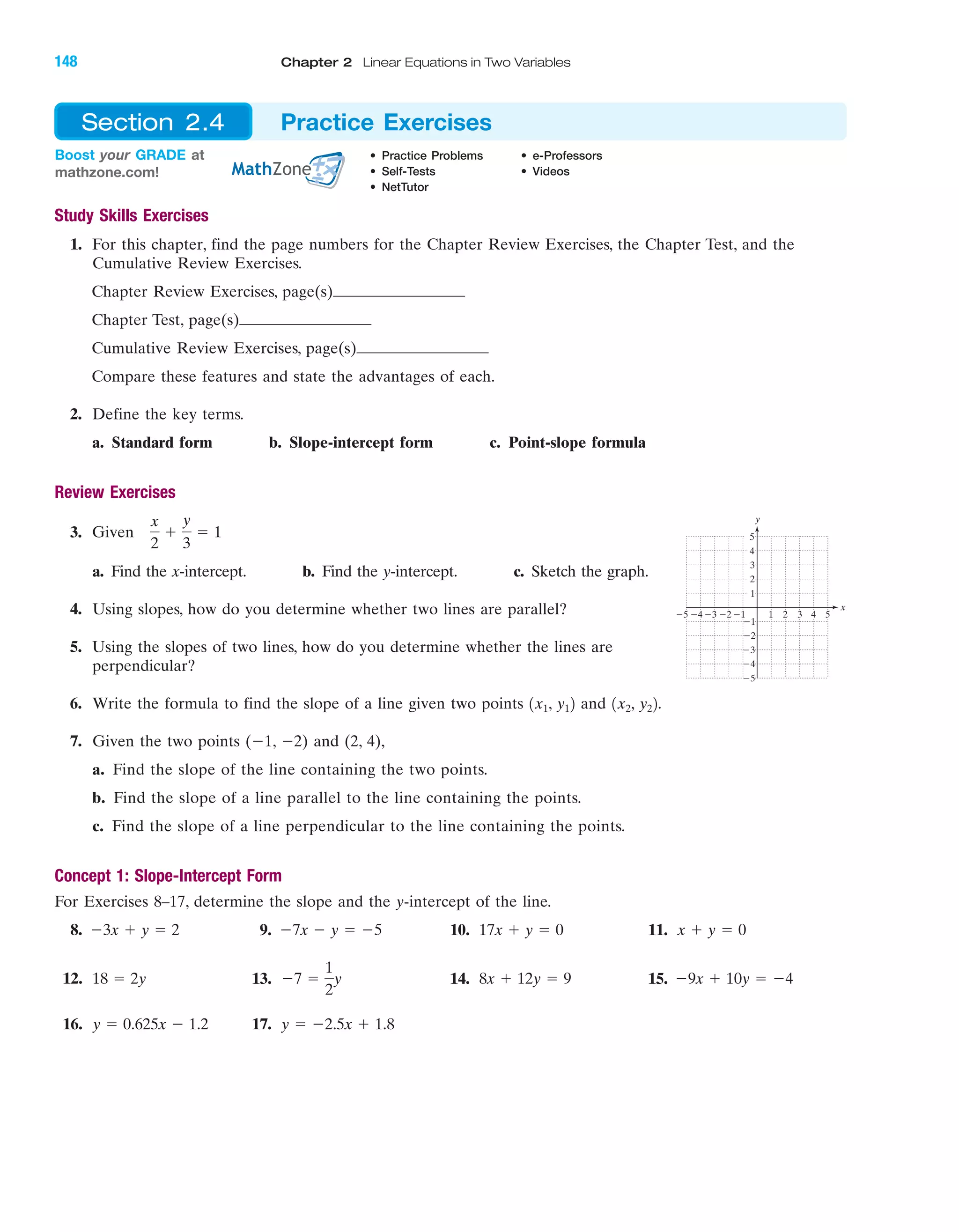 Study Skills Exercises
1. For this chapter, find the page numbers for the Chapter Review Exercises, the Chapter Test, and the
Cumulative Review Exercises.
Chapter Review Exercises, page(s)
Chapter Test, page(s)
Cumulative Review Exercises, page(s)
Compare these features and state the advantages of each.
2. Define the key terms.
a. Standard form b. Slope-intercept form c. Point-slope formula
Review Exercises
3. Given
a. Find the x-intercept. b. Find the y-intercept. c. Sketch the graph.
4. Using slopes, how do you determine whether two lines are parallel?
5. Using the slopes of two lines, how do you determine whether the lines are
perpendicular?
6. Write the formula to find the slope of a line given two points and .
7. Given the two points (Ϫ1, Ϫ2) and (2, 4),
a. Find the slope of the line containing the two points.
b. Find the slope of a line parallel to the line containing the points.
c. Find the slope of a line perpendicular to the line containing the points.
Concept 1: Slope-Intercept Form
For Exercises 8–17, determine the slope and the y-intercept of the line.
8. 9. 10. 11.
12. 13. 14. 15.
16. 17. y ϭ Ϫ2.5x ϩ 1.8y ϭ 0.625x Ϫ 1.2
Ϫ9x ϩ 10y ϭ Ϫ48x ϩ 12y ϭ 9Ϫ7 ϭ
1
2
y18 ϭ 2y
x ϩ y ϭ 017x ϩ y ϭ 0Ϫ7x Ϫ y ϭ Ϫ5Ϫ3x ϩ y ϭ 2
1x2, y221x1, y12
x
2
ϩ
y
3
ϭ 1
4 5Ϫ4Ϫ5 Ϫ3 1 2 3
Ϫ2
Ϫ3
Ϫ4
Ϫ5
4
5
1
Ϫ1Ϫ2
3
2
Ϫ1
x
y
Boost your GRADE at
mathzone.com!
• Practice Problems • e-Professors
• Self-Tests • Videos
• NetTutor
Section 2.4 Practice Exercises
IA
148 Chapter 2 Linear Equations in Two Variables
miL2872X_ch02_103-176 09/14/2006 06:42 PM Page 148
CONFIRMING PAGES
 
