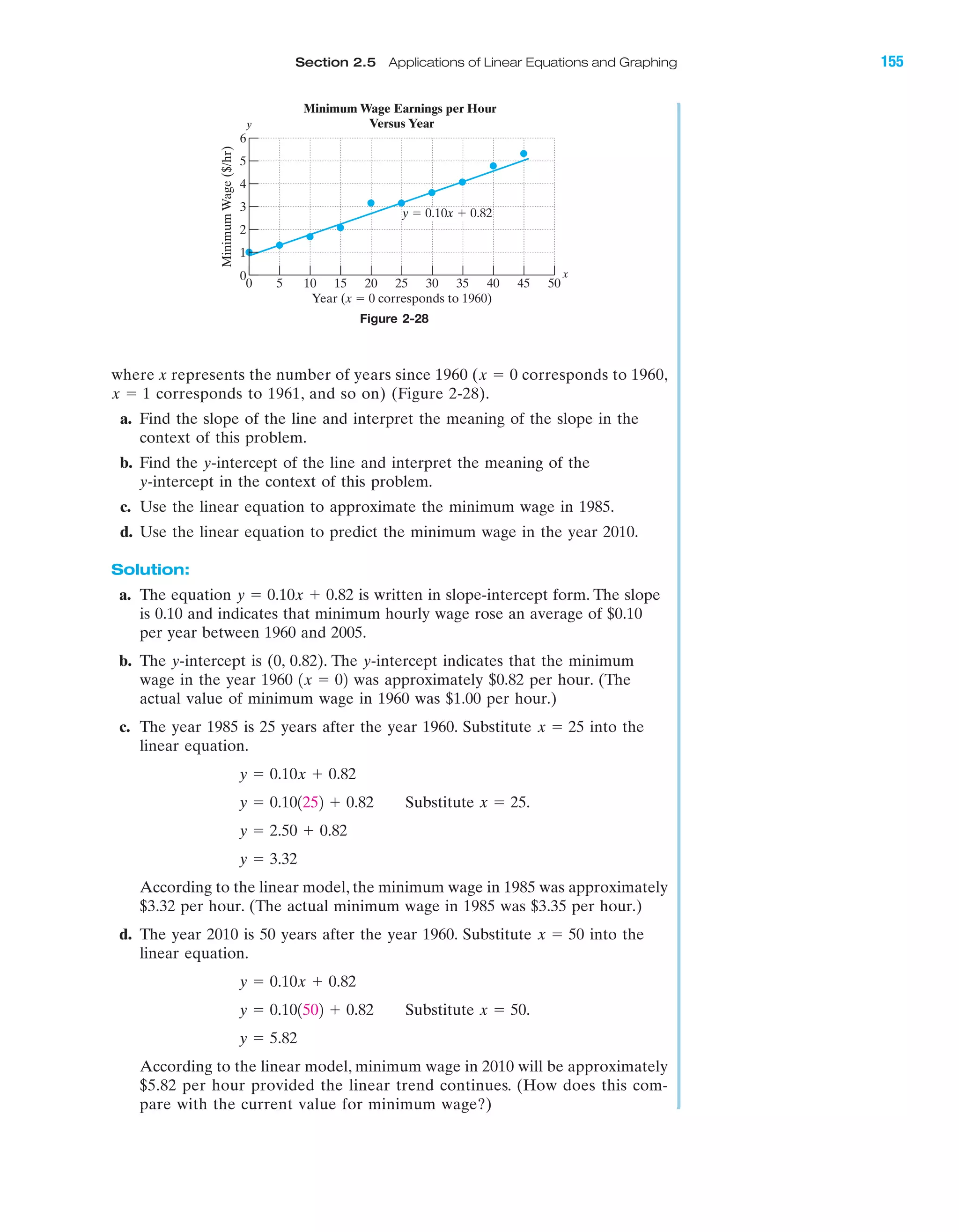 IA
Section 2.5 Applications of Linear Equations and Graphing 155
where x represents the number of years since 1960 ( corresponds to 1960,
corresponds to 1961, and so on) (Figure 2-28).
a. Find the slope of the line and interpret the meaning of the slope in the
context of this problem.
b. Find the y-intercept of the line and interpret the meaning of the
y-intercept in the context of this problem.
c. Use the linear equation to approximate the minimum wage in 1985.
d. Use the linear equation to predict the minimum wage in the year 2010.
Solution:
a. The equation is written in slope-intercept form. The slope
is 0.10 and indicates that minimum hourly wage rose an average of $0.10
per year between 1960 and 2005.
b. The y-intercept is (0, 0.82). The y-intercept indicates that the minimum
wage in the year 1960 was approximately $0.82 per hour. (The
actual value of minimum wage in 1960 was $1.00 per hour.)
c. The year 1985 is 25 years after the year 1960. Substitute into the
linear equation.
Substitute
According to the linear model, the minimum wage in 1985 was approximately
$3.32 per hour. (The actual minimum wage in 1985 was $3.35 per hour.)
d. The year 2010 is 50 years after the year 1960. Substitute into the
linear equation.
Substitute
According to the linear model, minimum wage in 2010 will be approximately
$5.82 per hour provided the linear trend continues. (How does this com-
pare with the current value for minimum wage?)
y ϭ 5.82
x ϭ 50.y ϭ 0.101502 ϩ 0.82
y ϭ 0.10x ϩ 0.82
x ϭ 50
y ϭ 3.32
y ϭ 2.50 ϩ 0.82
x ϭ 25.y ϭ 0.101252 ϩ 0.82
y ϭ 0.10x ϩ 0.82
x ϭ 25
1x ϭ 02
y ϭ 0.10x ϩ 0.82
x ϭ 1
x ϭ 0
Figure 2-28
5
6
0
0 5 10 15 20 25 30 35 40 45 50
MinimumWage($/hr)
Year (x ϭ 0 corresponds to 1960)
y ϭ 0.10x ϩ 0.82
Minimum Wage Earnings per Hour
Versus Year
4
3
2
1
y
x
miL2872X_ch02_103-176 09/14/2006 06:43 PM Page 155
CONFIRMING PAGES
 
