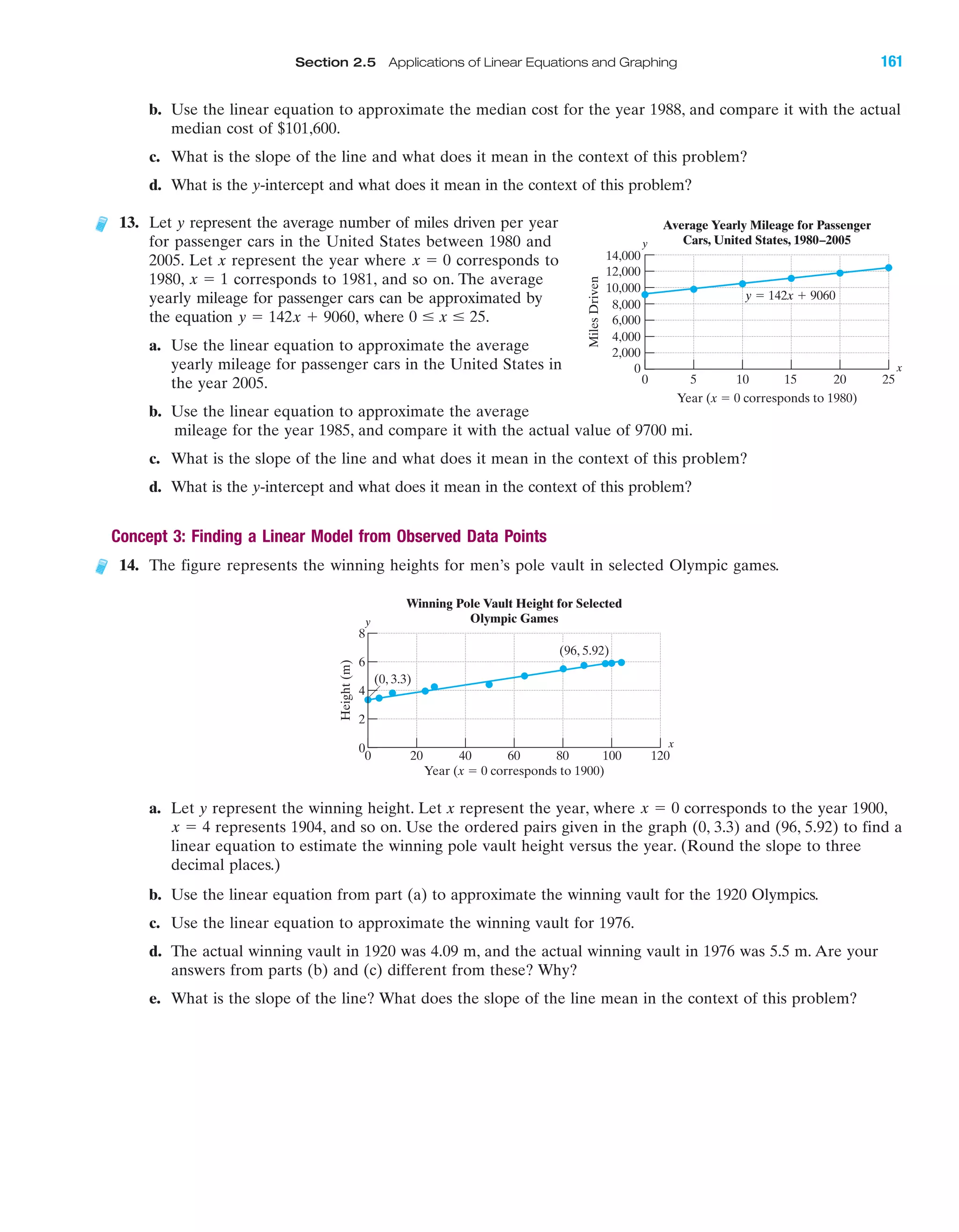 IAIA
Section 2.5 Applications of Linear Equations and Graphing 161
b. Use the linear equation to approximate the median cost for the year 1988, and compare it with the actual
median cost of $101,600.
c. What is the slope of the line and what does it mean in the context of this problem?
d. What is the y-intercept and what does it mean in the context of this problem?
13. Let y represent the average number of miles driven per year
for passenger cars in the United States between 1980 and
2005. Let x represent the year where corresponds to
1980, corresponds to 1981, and so on. The average
yearly mileage for passenger cars can be approximated by
the equation where
a. Use the linear equation to approximate the average
yearly mileage for passenger cars in the United States in
the year 2005.
b. Use the linear equation to approximate the average
mileage for the year 1985, and compare it with the actual value of 9700 mi.
c. What is the slope of the line and what does it mean in the context of this problem?
d. What is the y-intercept and what does it mean in the context of this problem?
Concept 3: Finding a Linear Model from Observed Data Points
14. The figure represents the winning heights for men’s pole vault in selected Olympic games.
a. Let y represent the winning height. Let x represent the year, where corresponds to the year 1900,
represents 1904, and so on. Use the ordered pairs given in the graph (0, 3.3) and (96, 5.92) to find a
linear equation to estimate the winning pole vault height versus the year. (Round the slope to three
decimal places.)
b. Use the linear equation from part (a) to approximate the winning vault for the 1920 Olympics.
c. Use the linear equation to approximate the winning vault for 1976.
d. The actual winning vault in 1920 was 4.09 m, and the actual winning vault in 1976 was 5.5 m. Are your
answers from parts (b) and (c) different from these? Why?
e. What is the slope of the line? What does the slope of the line mean in the context of this problem?
x ϭ 4
x ϭ 0
8
6
4
2
0
0 20 40 60 80 100 120
Height(m)
Year (x ϭ 0 corresponds to 1900)
(96, 5.92)
(0, 3.3)
Winning Pole Vault Height for Selected
Olympic Games
x
y
0 Յ x Յ 25.y ϭ 142x ϩ 9060,
x ϭ 1
x ϭ 0
12,000
14,000
10,000
8,000
6,000
4,000
2,000
0
0 5 10 15 20 25
MilesDriven
Year (x ϭ 0 corresponds to 1980)
Average Yearly Mileage for Passenger
Cars, United States, 1980–2005
y ϭ 142x ϩ 9060
x
y
miL2872X_ch02_103-176 09/14/2006 06:43 PM Page 161
CONFIRMING PAGES
 