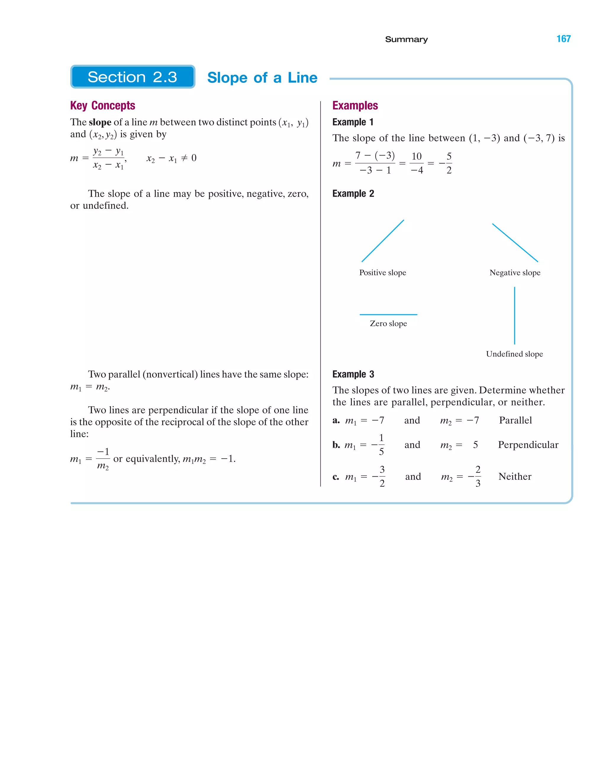 IA
Key Concepts
The slope of a line m between two distinct points
and is given by
The slope of a line may be positive, negative, zero,
or undefined.
Two parallel (nonvertical) lines have the same slope:
Two lines are perpendicular if the slope of one line
is the opposite of the reciprocal of the slope of the other
line:
or equivalently, m1m2 ϭ Ϫ1.m1 ϭ
Ϫ1
m2
m1 ϭ m2.
m ϭ
y2 Ϫ y1
x2 Ϫ x1
, x2 Ϫ x1 0
1x2,y22
1x1, y12
Examples
Example 1
The slope of the line between (1, Ϫ3) and (Ϫ3, 7) is
Example 2
Example 3
The slopes of two lines are given. Determine whether
the lines are parallel, perpendicular, or neither.
a.
b.
c. m1 ϭ Ϫ
3
2
and m2 ϭ Ϫ
2
3
Neither
m1 ϭ Ϫ
1
5
and m2 ϭ 5 Perpendicular
m1 ϭ Ϫ7 and m2 ϭ Ϫ7 Parallel
Positive slope Negative slope
Zero slope
Undefined slope
m ϭ
7 Ϫ 1Ϫ32
Ϫ3 Ϫ 1
ϭ
10
Ϫ4
ϭ Ϫ
5
2
Slope of a LineSection 2.3
Summary 167
miL2872X_ch02_103-176 09/14/2006 06:44 PM Page 167
CONFIRMING PAGES
 