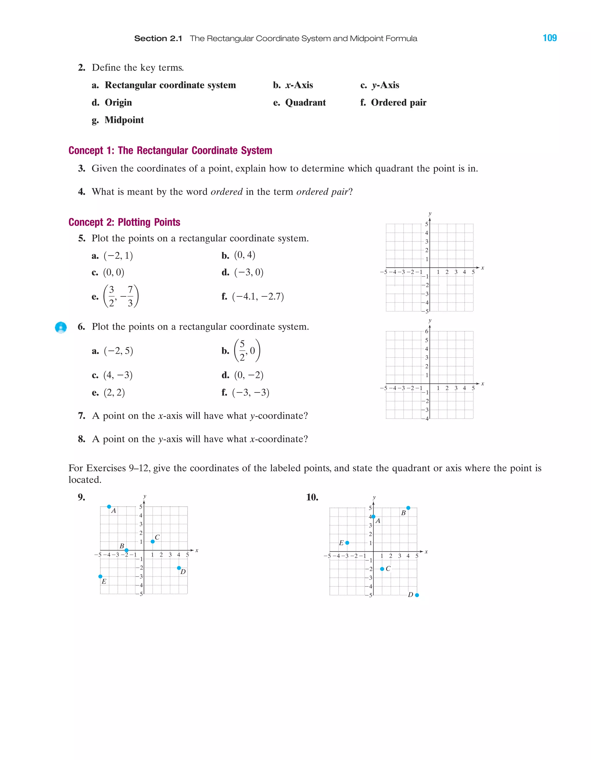 2. Define the key terms.
a. Rectangular coordinate system b. x-Axis c. y-Axis
d. Origin e. Quadrant f. Ordered pair
g. Midpoint
Concept 1: The Rectangular Coordinate System
3. Given the coordinates of a point, explain how to determine which quadrant the point is in.
4. What is meant by the word ordered in the term ordered pair?
Concept 2: Plotting Points
5. Plot the points on a rectangular coordinate system.
a. b.
c. d.
e. f.
6. Plot the points on a rectangular coordinate system.
a. b.
c. d.
e. f.
7. A point on the x-axis will have what y-coordinate?
8. A point on the y-axis will have what x-coordinate?
For Exercises 9–12, give the coordinates of the labeled points, and state the quadrant or axis where the point is
located.
9. 10.
4 5Ϫ4 Ϫ3 1 3
Ϫ2
Ϫ3
Ϫ5
4
5
1
Ϫ1Ϫ2
3
2
Ϫ1
2Ϫ5
A
C
B
D
E
Ϫ4
x
y
4 5Ϫ4 Ϫ3 1 3
Ϫ2
Ϫ3
Ϫ5
4
5
1
Ϫ1Ϫ2
3
2
Ϫ1
2Ϫ5
A
C
B
D
E
Ϫ4
x
y
1Ϫ3, Ϫ3212, 22
10, Ϫ2214, Ϫ32
a
5
2
, 0b1Ϫ2, 52
1Ϫ4.1, Ϫ2.72a
3
2
, Ϫ
7
3
b
1Ϫ3, 0210, 02
10, 421Ϫ2, 12
IA
4 5Ϫ4Ϫ5 Ϫ3 1 2 3
Ϫ2
Ϫ3
Ϫ4
Ϫ5
4
5
1
Ϫ1Ϫ2
3
2
Ϫ1
x
y
4 5Ϫ4Ϫ5 Ϫ3 1 2 3
Ϫ2
Ϫ3
Ϫ4
4
5
6
1
Ϫ1Ϫ2
3
2
Ϫ1
x
y
Section 2.1 The Rectangular Coordinate System and Midpoint Formula 109
miL2872X_ch02_103-176 09/14/2006 06:39 PM Page 109
CONFIRMING PAGES
 