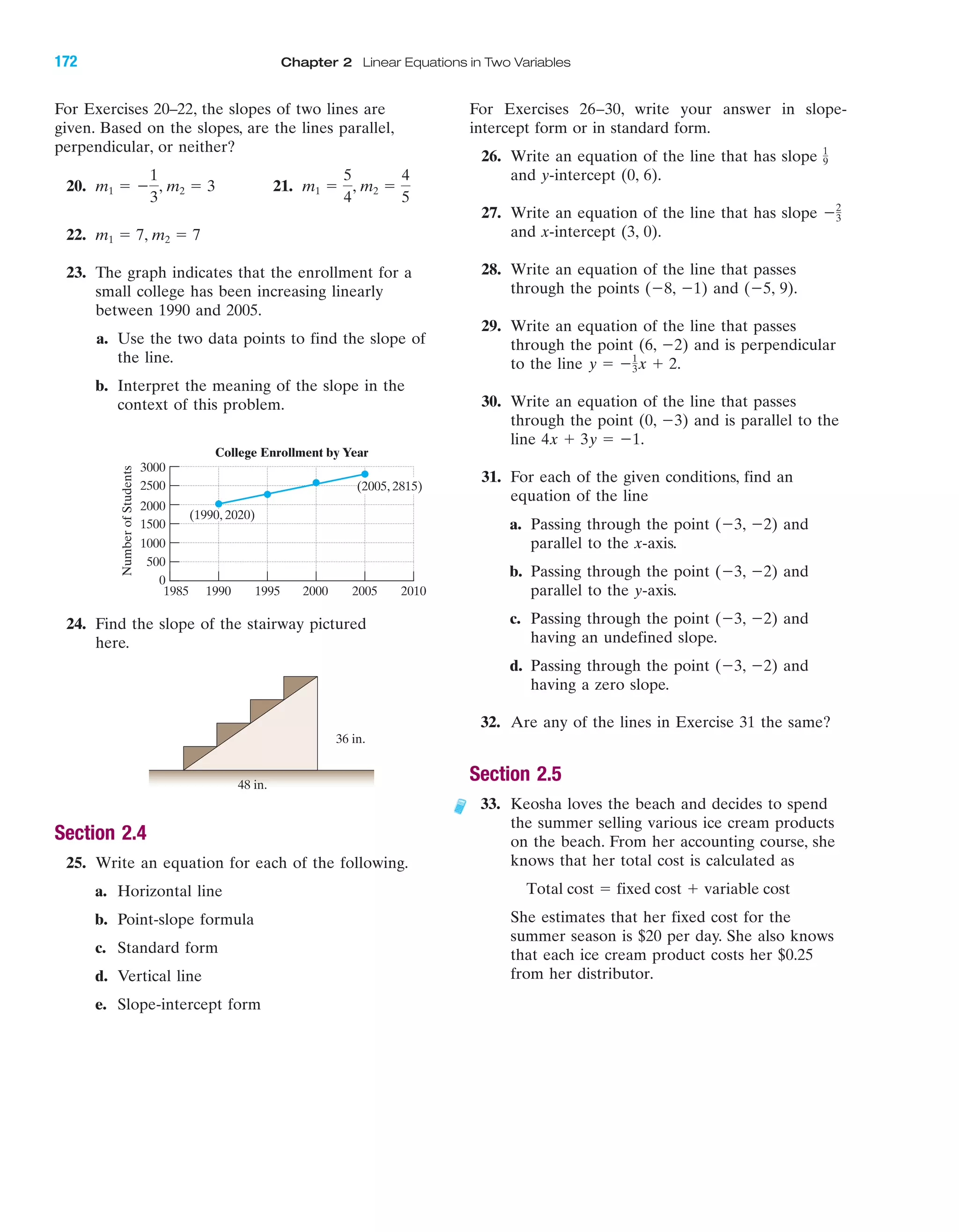 IA
For Exercises 20–22, the slopes of two lines are
given. Based on the slopes, are the lines parallel,
perpendicular, or neither?
20. 21.
22.
23. The graph indicates that the enrollment for a
small college has been increasing linearly
between 1990 and 2005.
a. Use the two data points to find the slope of
the line.
b. Interpret the meaning of the slope in the
context of this problem.
24. Find the slope of the stairway pictured
here.
Section 2.4
25. Write an equation for each of the following.
a. Horizontal line
b. Point-slope formula
c. Standard form
d. Vertical line
e. Slope-intercept form
36 in.
48 in.
3000
2500
2000
1500
1000
500
0
1985 1990 1995 2000 2005 2010
NumberofStudents
College Enrollment by Year
(1990, 2020)
(2005, 2815)
m1 ϭ 7, m2 ϭ 7
m1 ϭ
5
4
, m2 ϭ
4
5
m1 ϭ Ϫ
1
3
, m2 ϭ 3
For Exercises 26–30, write your answer in slope-
intercept form or in standard form.
26. Write an equation of the line that has slope
and y-intercept (0, 6).
27. Write an equation of the line that has slope
and x-intercept (3, 0).
28. Write an equation of the line that passes
through the points (Ϫ8, Ϫ1) and (Ϫ5, 9).
29. Write an equation of the line that passes
through the point (6, Ϫ2) and is perpendicular
to the line
30. Write an equation of the line that passes
through the point (0, Ϫ3) and is parallel to the
line
31. For each of the given conditions, find an
equation of the line
a. Passing through the point (Ϫ3, Ϫ2) and
parallel to the x-axis.
b. Passing through the point (Ϫ3, Ϫ2) and
parallel to the y-axis.
c. Passing through the point (Ϫ3, Ϫ2) and
having an undefined slope.
d. Passing through the point (Ϫ3, Ϫ2) and
having a zero slope.
32. Are any of the lines in Exercise 31 the same?
Section 2.5
33. Keosha loves the beach and decides to spend
the summer selling various ice cream products
on the beach. From her accounting course, she
knows that her total cost is calculated as
She estimates that her fixed cost for the
summer season is $20 per day. She also knows
that each ice cream product costs her $0.25
from her distributor.
Total cost ϭ fixed cost ϩ variable cost
4x ϩ 3y ϭ Ϫ1.
y ϭ Ϫ1
3x ϩ 2.
Ϫ2
3
1
9
172 Chapter 2 Linear Equations in Two Variables
miL2872X_ch02_103-176 09/14/2006 06:44 PM Page 172
CONFIRMING PAGES
 