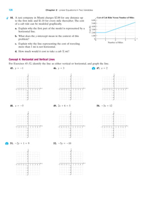 51. 52. Ϫ5y ϭ Ϫ10Ϫ2y ϩ 1 ϭ 9
4 5Ϫ4Ϫ5 Ϫ3 1 2 3
Ϫ2
Ϫ3
Ϫ4
Ϫ5
4
5
1
Ϫ1Ϫ2
y
x
3
2
Ϫ1
4 5Ϫ4Ϫ5 Ϫ3 1 2 3
Ϫ2
Ϫ3
Ϫ4
Ϫ5
4
5
1
Ϫ1Ϫ2
y
x
3
2
Ϫ1
4 5Ϫ4Ϫ5 Ϫ3 1 2 3
Ϫ2
Ϫ3
Ϫ4
Ϫ5
4
5
1
Ϫ1Ϫ2
y
x
3
2
Ϫ1
4 5Ϫ4Ϫ5 Ϫ3 1 2 3
Ϫ2
Ϫ3
Ϫ4
Ϫ5
4
5
1
Ϫ1Ϫ2
y
x
3
2
Ϫ1
4 5Ϫ4Ϫ5 Ϫ3 1 2 3
Ϫ2
Ϫ3
Ϫ4
Ϫ5
4
5
1
Ϫ1Ϫ2
y
x
3
2
Ϫ1
126 Chapter 2 Linear Equations in Two Variables
44. A taxi company in Miami charges $2.00 for any distance up
to the first mile and $1.10 for every mile thereafter. The cost
of a cab ride can be modeled graphically.
a. Explain why the first part of the model is represented by a
horizontal line.
b. What does the y-intercept mean in the context of this
problem?
c. Explain why the line representing the cost of traveling
more than 1 mi is not horizontal.
d. How much would it cost to take a cab mi?
Concept 4: Horizontal and Vertical Lines
For Exercises 45–52, identify the line as either vertical or horizontal, and graph the line.
45. 46. 47. x ϭ 2y ϭ 3y ϭ Ϫ1
31
2
4 5Ϫ4Ϫ5 Ϫ3 1 2 3
Ϫ2
Ϫ3
Ϫ4
Ϫ5
4
5
1
Ϫ1Ϫ2
y
x
3
2
Ϫ1
4 5Ϫ4Ϫ5 Ϫ3 1 2 3
Ϫ2
Ϫ3
Ϫ4
Ϫ5
4
5
1
Ϫ1Ϫ2
y
x
3
2
Ϫ1
4 5Ϫ4Ϫ5 Ϫ3 1 2 3
Ϫ2
Ϫ3
Ϫ4
Ϫ5
4
5
1
Ϫ1Ϫ2
y
x
3
2
Ϫ1
IA
48. 49. 50. Ϫ3x ϭ 122x ϩ 6 ϭ 5x ϭ Ϫ5
Cost of Cab Ride Versus Number of Miles
6.00
0
0 1 2 3 4
Cost($)
Number of Miles
5.00
4.00
3.00
2.00
1.00
x
y
miL2872X_ch02_103-176 09/14/2006 06:41 PM Page 126
CONFIRMING PAGES
 