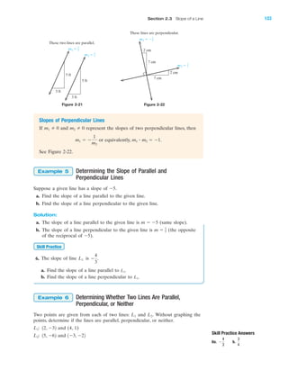 Slopes of Perpendicular Lines
If and represent the slopes of two perpendicular lines, then
or equivalently, .
See Figure 2-22.
m1 ؒ m2 ϭ Ϫ1m1 ϭ Ϫ
1
m2
m2 0m1 0
Figure 2-21 Figure 2-22
Skill Practice Answers
6a. b.
3
4
Ϫ
4
3
m1 ϭ 5
3
m2 ϭ 5
3
5 ft
3 ft
5 ft
These two lines are parallel.
3 ft
m1 ϭ Ϫ7
2
m2 ϭ 2
7
2 cm
2 cm
7 cm
7 cm
These lines are perpendicular.
Determining the Slope of Parallel and
Perpendicular Lines
Suppose a given line has a slope of Ϫ5.
a. Find the slope of a line parallel to the given line.
b. Find the slope of a line perpendicular to the given line.
Solution:
a. The slope of a line parallel to the given line is (same slope).
b. The slope of a line perpendicular to the given line is (the opposite
of the reciprocal of Ϫ5).
6. The slope of line is
a. Find the slope of a line parallel to
b. Find the slope of a line perpendicular to
Determining Whether Two Lines Are Parallel,
Perpendicular, or Neither
Two points are given from each of two lines: and Without graphing the
points, determine if the lines are parallel, perpendicular, or neither.
and (4, 1)
and 1Ϫ3, Ϫ2215, Ϫ62L2:
12, Ϫ32L1:
L2.L1
Example 6
L1.
L1.
Ϫ
4
3
.L1
Skill Practice
m ϭ 1
5
m ϭ Ϫ5
Example 5
IA
Section 2.3 Slope of a Line 133
miL2872X_ch02_103-176 09/14/2006 06:41 PM Page 133
CONFIRMING PAGES
 