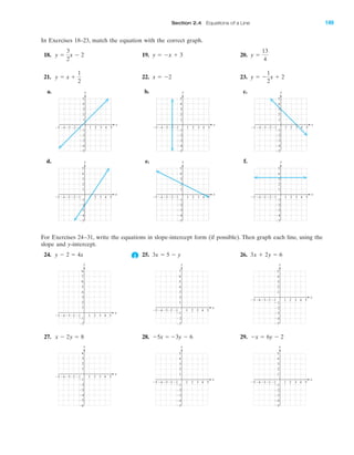 In Exercises 18–23, match the equation with the correct graph.
18. 19. 20.
21. 22. 23.
a. b. c.
d. e. f.
For Exercises 24–31, write the equations in slope-intercept form (if possible). Then graph each line, using the
slope and y-intercept.
24. 25. 26.
27. 28. 29.
4 5Ϫ4Ϫ5 Ϫ3 1 2 3
Ϫ2
Ϫ3
Ϫ4
Ϫ5
4
5
Ϫ1
Ϫ1Ϫ2
y
x
3
2
1
4 5Ϫ4Ϫ5 Ϫ3 1 2 3
Ϫ2
Ϫ3
Ϫ4
Ϫ5
4
5
Ϫ1
Ϫ1Ϫ2
y
x
3
2
1
4 5Ϫ4Ϫ5 Ϫ3 1 2 3
Ϫ2
Ϫ3
Ϫ4
Ϫ5
Ϫ6
4
Ϫ1
Ϫ1Ϫ2
y
x
3
2
1
Ϫx ϭ 6y Ϫ 2Ϫ5x ϭϪ3y Ϫ 6x Ϫ 2y ϭ 8
4 5Ϫ4Ϫ5 Ϫ3 1 2 3
Ϫ2
Ϫ3
Ϫ4
Ϫ5
4
5
Ϫ1
Ϫ1Ϫ2
y
x
3
2
1
4 5Ϫ4Ϫ5 Ϫ3 1 2 3
Ϫ2
Ϫ3
4
5
6
7
Ϫ1
Ϫ1Ϫ2
y
x
3
2
1
4 5Ϫ4Ϫ5 Ϫ3 1 2 3
Ϫ2
4
5
6
7
8
Ϫ1
Ϫ1Ϫ2
y
x
3
2
1
3x ϩ 2y ϭ 63x ϭ 5 Ϫ yy Ϫ 2 ϭ 4x
4 5Ϫ4Ϫ5 Ϫ3 1 2 3
Ϫ2
Ϫ3
Ϫ4
Ϫ5
4
5
1
Ϫ1Ϫ2
3
2
Ϫ1
x
y
4 5Ϫ4Ϫ5 Ϫ3 1 2 3
Ϫ2
Ϫ3
Ϫ4
Ϫ5
4
5
1
Ϫ1Ϫ2
3
2
Ϫ1
x
y
4 5Ϫ4Ϫ5 Ϫ3 1 2 3
Ϫ2
Ϫ3
Ϫ4
Ϫ5
4
5
1
Ϫ1Ϫ2
3
2
Ϫ1
x
y
4 5Ϫ4Ϫ5 Ϫ3 1 2 3
Ϫ2
Ϫ3
Ϫ4
Ϫ5
4
5
1
Ϫ1Ϫ2
3
2
Ϫ1
x
y
4 5Ϫ4Ϫ5 Ϫ3 1 2 3
Ϫ2
Ϫ3
Ϫ4
Ϫ5
4
5
1
Ϫ1Ϫ2
3
2
Ϫ1
x
y
4 5Ϫ4Ϫ5 Ϫ3 1 2 3
Ϫ2
Ϫ3
Ϫ4
Ϫ5
4
5
1
Ϫ1Ϫ2
3
2
Ϫ1
x
y
y ϭ Ϫ
1
2
x ϩ 2x ϭ Ϫ2y ϭ x ϩ
1
2
y ϭ
13
4
y ϭ Ϫx ϩ 3y ϭ
3
2
x Ϫ 2
IA
Section 2.4 Equations of a Line 149
miL2872X_ch02_103-176 09/14/2006 06:42 PM Page 149
CONFIRMING PAGES
 
