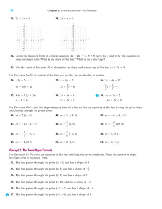 30. 31.
32. Given the standard form of a linear equation solve for y and write the equation in
slope-intercept form. What is the slope of the line? What is the y-intercept?
33. Use the result of Exercise 32 to determine the slope and y-intercept of the line
For Exercises 34–39, determine if the lines are parallel, perpendicular, or neither.
34. 35. 36.
37. 38. 39.
For Exercises 40–51, use the slope-intercept form of a line to find an equation of the line having the given slope
and passing through the given point.
40. 41. 42.
43. 44. 45.
46. 47. 48.
49. 50. 51.
Concept 2: The Point-Slope Formula
For Exercises 52–79, write an equation of the line satisfying the given conditions. Write the answer in slope-
intercept form or standard form.
52. The line passes through the point and has a slope of 3.
53. The line passes through the point (0, 5) and has a slope of
54. The line passes through the point (2, 7) and has a slope of 2.
55. The line passes through the point (3, 10) and has a slope of
56. The line passes through the point and has a slope of
57. The line passes through the point and has a slope of 4.1Ϫ1, Ϫ62
Ϫ3.1Ϫ2, Ϫ52
Ϫ2.
Ϫ1
2.
10, Ϫ22
m ϭ 0, 11, 42m ϭ 0, 11, 22m ϭ Ϫ4, 10, 32
m ϭ 3, 10, 52m ϭ
3
8
, 1Ϫ2, 42m ϭ Ϫ
2
7
, 1Ϫ3, 12
m ϭ Ϫ
4
5
, 110, 02m ϭ
3
4
, 14, 02m ϭ Ϫ2, 1Ϫ4, Ϫ32
m ϭ Ϫ4, 1Ϫ1, Ϫ22m ϭ 3, 1Ϫ1, 52m ϭ 2, 14, Ϫ32
Ϫ6x ϩ 2y ϭ 65x ϩ 3y ϭ 9y Ϫ 1 ϭ 4x
Ϫy ϭ 3x Ϫ 23y ϭ 5x ϩ 64.8x ϭ 1.2y ϩ 3.6
1
2
x Ϫ
2
3
y ϭ 13x ϩ
1
2
y ϭ 06x ϭ 10y Ϫ 12
3x Ϫ 4y ϭ 12x ϭ 6y Ϫ 3Ϫ3y ϭ 5x Ϫ 1
3x ϩ 7y ϭ 9.
Ax ϩ By ϭ C, B 0,
4 5Ϫ4Ϫ5 Ϫ3 1 2 3
Ϫ2
Ϫ3
Ϫ4
Ϫ5
4
5
Ϫ1
Ϫ1Ϫ2
y
x
3
2
1
4 5 6 7Ϫ3 1 2 3
Ϫ2
Ϫ3
Ϫ4
Ϫ5
4
5
Ϫ1
Ϫ1Ϫ2
y
x
3
2
1
3x Ϫ y ϭ 02x Ϫ 5y ϭ 0
IA
150 Chapter 2 Linear Equations in Two Variables
miL2872X_ch02_103-176 09/14/2006 06:43 PM Page 150
CONFIRMING PAGES
 