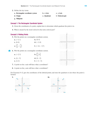 2. Define the key terms.
a. Rectangular coordinate system b. x-Axis c. y-Axis
d. Origin e. Quadrant f. Ordered pair
g. Midpoint
Concept 1: The Rectangular Coordinate System
3. Given the coordinates of a point, explain how to determine which quadrant the point is in.
4. What is meant by the word ordered in the term ordered pair?
Concept 2: Plotting Points
5. Plot the points on a rectangular coordinate system.
a. b.
c. d.
e. f.
6. Plot the points on a rectangular coordinate system.
a. b.
c. d.
e. f.
7. A point on the x-axis will have what y-coordinate?
8. A point on the y-axis will have what x-coordinate?
For Exercises 9–12, give the coordinates of the labeled points, and state the quadrant or axis where the point is
located.
9. 10.
4 5Ϫ4 Ϫ3 1 3
Ϫ2
Ϫ3
Ϫ5
4
5
1
Ϫ1Ϫ2
3
2
Ϫ1
2Ϫ5
A
C
B
D
E
Ϫ4
x
y
4 5Ϫ4 Ϫ3 1 3
Ϫ2
Ϫ3
Ϫ5
4
5
1
Ϫ1Ϫ2
3
2
Ϫ1
2Ϫ5
A
C
B
D
E
Ϫ4
x
y
1Ϫ3, Ϫ3212, 22
10, Ϫ2214, Ϫ32
a
5
2
, 0b1Ϫ2, 52
1Ϫ4.1, Ϫ2.72a
3
2
, Ϫ
7
3
b
1Ϫ3, 0210, 02
10, 421Ϫ2, 12
IA
4 5Ϫ4Ϫ5 Ϫ3 1 2 3
Ϫ2
Ϫ3
Ϫ4
Ϫ5
4
5
1
Ϫ1Ϫ2
3
2
Ϫ1
x
y
4 5Ϫ4Ϫ5 Ϫ3 1 2 3
Ϫ2
Ϫ3
Ϫ4
4
5
6
1
Ϫ1Ϫ2
3
2
Ϫ1
x
y
Section 2.1 The Rectangular Coordinate System and Midpoint Formula 109
miL2872X_ch02_103-176 09/14/2006 06:39 PM Page 109
CONFIRMING PAGES
 