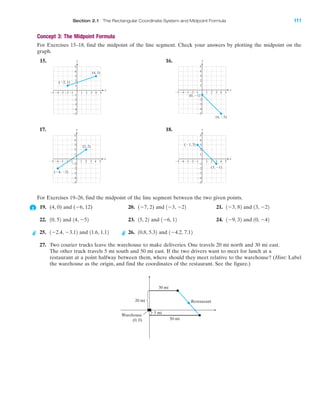 Concept 3: The Midpoint Formula
For Exercises 15–18, find the midpoint of the line segment. Check your answers by plotting the midpoint on the
graph.
15. 16.
17. 18.
For Exercises 19–26, find the midpoint of the line segment between the two given points.
19. (4, 0) and (Ϫ6, 12) 20. (Ϫ7, 2) and 21. and
22. and 23. and 24. and
25. and 26. and
27. Two courier trucks leave the warehouse to make deliveries. One travels 20 mi north and 30 mi east.
The other truck travels 5 mi south and 50 mi east. If the two drivers want to meet for lunch at a
restaurant at a point halfway between them, where should they meet relative to the warehouse? (Hint: Label
the warehouse as the origin, and find the coordinates of the restaurant. See the figure.)
1Ϫ4.2, 7.1210.8, 5.3211.6, 1.121Ϫ2.4, Ϫ3.12
10, Ϫ421Ϫ9, 321Ϫ6, 1215, 2214, Ϫ5210, 52
13, Ϫ221Ϫ3, 821Ϫ3, Ϫ22
4 5Ϫ4Ϫ5 Ϫ3 1 2 3
Ϫ2
Ϫ3
Ϫ4
Ϫ5
4
5
1
Ϫ1Ϫ2
3
2
Ϫ1
x
y
(3, Ϫ1)
(Ϫ1, 3)
4 5Ϫ4Ϫ5 Ϫ3 1 2 3
Ϫ2
Ϫ1
Ϫ3
Ϫ4
Ϫ5
4
5
1
Ϫ1Ϫ2
3
2
Ϫ1
x
y
(Ϫ4, Ϫ2)
(2, 2)
4 5Ϫ4Ϫ5 Ϫ3 1 2 3
Ϫ2
Ϫ3
Ϫ4
Ϫ5
4
5
1
Ϫ1Ϫ2
3
2
x
y
(0, Ϫ1)
(4, Ϫ5)
4 5Ϫ4Ϫ5 Ϫ3 1 2 3
Ϫ2
Ϫ3
Ϫ4
Ϫ5
4 (4, 3)
5
1
Ϫ1Ϫ2
3
2
Ϫ1
x
y
(Ϫ2, 1)
Restaurant
5 mi
50 mi
Warehouse
(0, 0)
30 mi
20 mi
IA
Section 2.1 The Rectangular Coordinate System and Midpoint Formula 111
miL2872X_ch02_103-176 09/14/2006 06:39 PM Page 111
CONFIRMING PAGES
 