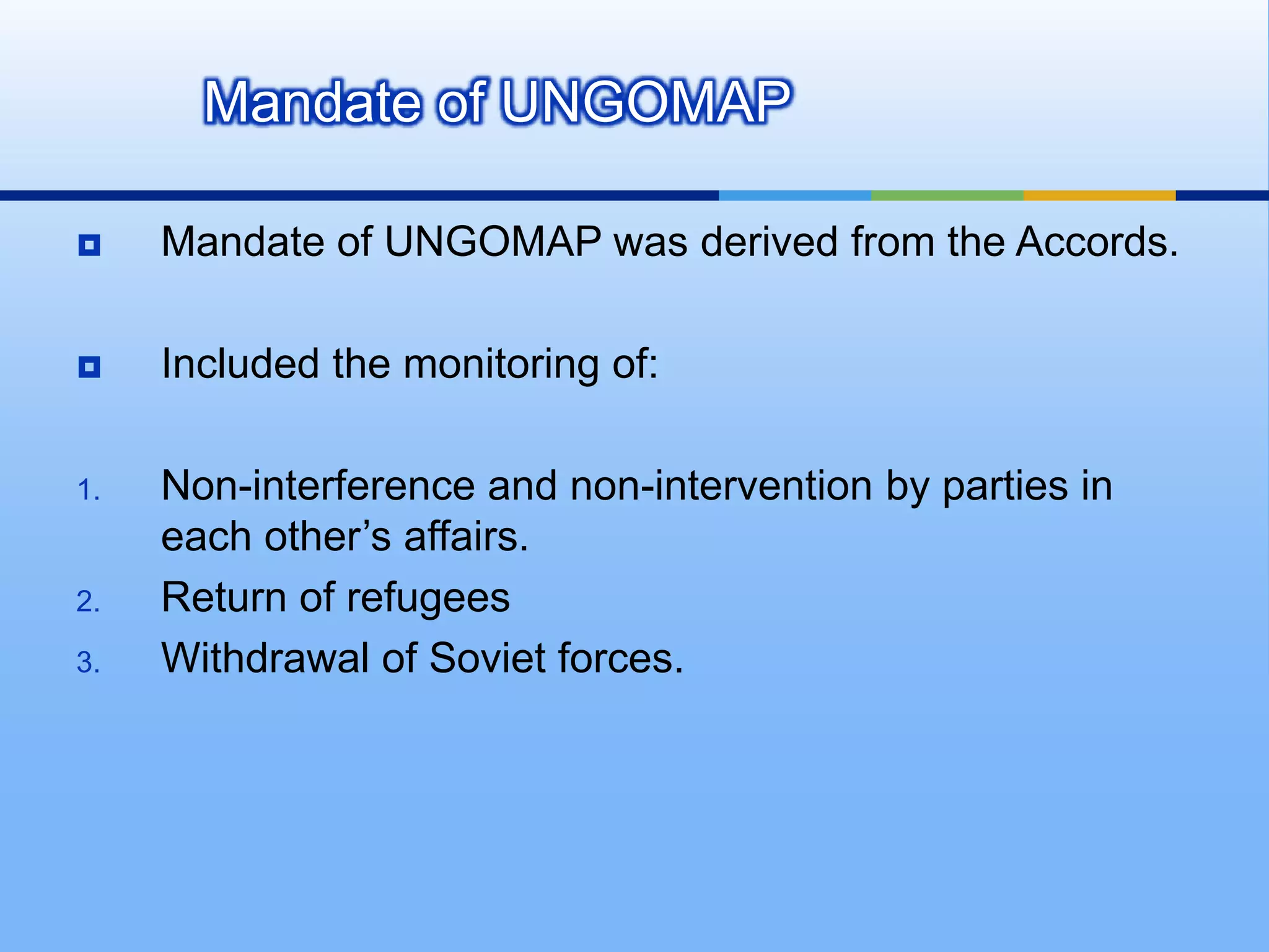 The ceasefire in the India-Pakistan border region from Kashmir to theArabian Sea coast was overseen by the new United Nations India-Pakistan Observation Mission (UNIMPOM)