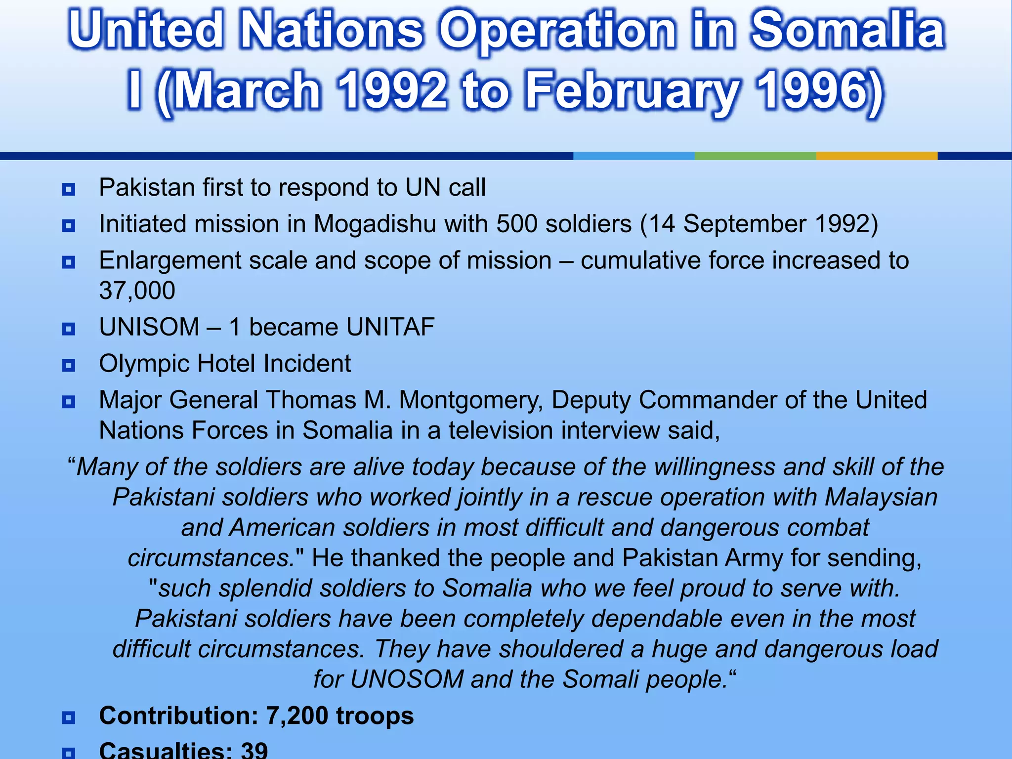 UN peacekeeping force in Congo, est. after UNSC resolution 143 (July 14th 1960)Sent in during the Congo CrisisLogistic supportOrganized by ASCContribution: 400 troops, Ordnance, Transport Units, and Staff PersonnelZero CasualtiesOperation of the United  Nations in Congo (August 1960 to May 1964)
