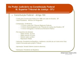 Do Poder Judiciário na Constituição Federal
      III. Superior Tribunal de Justiça - STJ

     Constituição Federal - Artigo 104
      - Criado pela Constituição Federal de 1988 com sede em Brasília – DF
      - Atual Presidente – Ministro Ari Pargendler

      - Composição: 33 Ministros
           • 1/3 Entre Juízes dos Tribunais Regionais Federais
           • 1/3 Entre Desembargadores dos Tribunais de Justiça dos Estados e DF
           • 1/3 Entre Advogados e membros do Ministério Público


      - Pré-requisitos de admissão
            • Idade mínima: 35 anos
            • Idade máxima: 65 anos
            • Notável saber jurídico
            • Reputação ilibada


      - Indicação: Presidente da República, mediante a escolha de um nome entre lista
        tríplice formulada pelo próprio Tribunal

      - Aprovação: Senado Federal (maioria absoluta)

      - Nomeação: Presidente da República

                                                                                        10
 