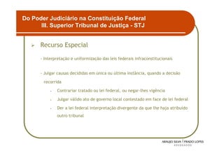 Do Poder Judiciário na Constituição Federal
      III. Superior Tribunal de Justiça - STJ


      Recurso Especial

      - Interpretação e uniformização das leis federais infraconstitucionais


      - Julgar causas decididas em única ou última instância, quando a decisão

       recorrida

           •   Contrariar tratado ou lei federal, ou negar-lhes vigência

           •   Julgar válido ato de governo local contestado em face de lei federal

           •   Der a lei federal interpretação divergente da que lhe haja atribuído
               outro tribunal




                                                                                      12
 