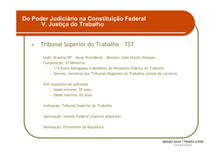 Do Poder Judiciário na Constituição Federal
      V. Justiça do Trabalho


      Tribunal Superior do Trabalho – TST

      - Sede: Brasília/DF – Atual Presidente – Ministro João Oreste Dalazen
      - Composição: 27 Ministros
           • 1/5 Entre Advogados e Membros do Ministério Público do Trabalho

           • Demais, membros dos Tribunais Regionais do Trabalho (juízes de carreira)



      - Pré-requisitos de admissão
            • Idade mínima: 35 anos

            • Idade máxima: 65 anos



      - Indicação: Tribunal Superior do Trabalho

      - Aprovação: Senado Federal (maioria absoluta)

      - Nomeação: Presidente da República



                                                                                        16
 