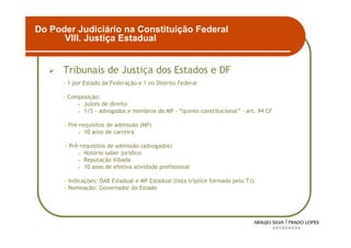 Do Poder Judiciário na Constituição Federal
      VIII. Justiça Estadual


      Tribunais de Justiça dos Estados e DF
      - 1 por Estado da Federação e 1 no Distrito Federal

      - Composição:
           • Juízes de direito
           • 1/5 - advogados e membros do MP – “quinto constitucional” – art. 94 CF


      - Pré-requisitos de admissão (MP)
            • 10 anos de carreira


      - Pré-requisitos de admissão (advogados)
           • Notório saber jurídico
           • Reputação ilibada
           • 10 anos de efetiva atividade profissional


      - Indicações: OAB Estadual e MP Estadual (lista tríplice formada pelo TJ)
      - Nomeação: Governador do Estado




                                                                                      24
 