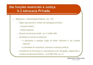 Das funções essenciais à Justiça
      II.2 Advocacia Privada

    Advocacia – Constituição Federal, art. 133
     •   Órgão representativo: Ordem dos Advogados do Brasil

         - Conselho Federal

         - Seções Estaduais

     •   Estatuto da Advocacia/OAB – Lei nº 8.906/1994

     •   Atividades privativas de advocacia

          - a postulação a qualquer órgão do Poder Judiciário e aos juizados
             especiais

          - as atividades de consultoria, assessoria e direção jurídicas.

     •   Inexistência de hierarquia ou subordinação entre Advogados, Magistrados e
         membros do Ministério Público – Lei 8.906/1994, art. 6º


                                                                                 40
 