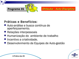 Shitsuke - Auto Disciplina



Práticas e Benefícios:
 Auto-análise e busca contínua de
  aperfeiçoamento.
 Relações interpessoais
 Humanização do ambiente de trabalho
 Incentivo a criatividade.
 Desenvolvimento de Equipes de Auto-gestão




     A Prática dos 5S
 