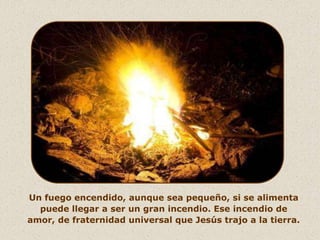 Un fuego encendido, aunque sea pequeño, si se alimenta
  puede llegar a ser un gran incendio. Ese incendio de
amor, de fraternidad universal que Jesús trajo a la tierra.
 