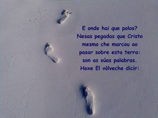 E onde hai que polos? Nesas pegadas que Cristo mesmo che marcou ao pasar sobre esta terra: son as súas palabras. Hoxe El vólveche dicir: 