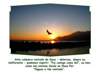 Ante calquera vontade de Deus - dolorosa, alegre ou indiferente - podemos repetir: “Fai comigo como dis", ou ben, como nos ensinou Xesús no Noso Pai: “fágase a túa vontade".  