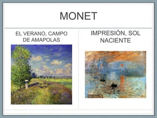 MONET
EL VERANO, CAMPO
DE AMAPOLAS
IMPRESIÓN, SOL
NACIENTE
 