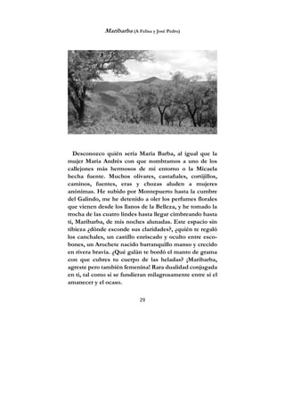 29
Maribarba (A Felisa y José Pedro)
Desconozco quién sería María Barba, al igual que la
mujer María Andrés con que nombramos a uno de los
callejones más hermosos de mi entorno o la Micaela
hecha fuente. Muchos olivares, castañales, cortijillos,
caminos, fuentes, eras y chozas aluden a mujeres
anónimas. He subido por Montepuerto hasta la cumbre
del Galindo, me he detenido a oler los perfumes florales
que vienen desde los llanos de la Belleza, y he tomado la
trocha de las cuatro lindes hasta llegar cimbreando hasta
ti, Maribarba, de mis noches alunadas. Este espacio sin
tibieza ¿dónde esconde sus claridades?, ¿quién te regaló
los canchales, un castillo enriscado y oculto entre esco-
bones, un Arochete nacido barranquillo manso y crecido
en rivera bravía. ¿Qué galán te bordó el manto de grama
con que cubres tu cuerpo de las heladas? ¡Maribarba,
agreste pero también femenina! Rara dualidad conjugada
en ti, tal como si se fundieran milagrosamente entre sí el
amanecer y el ocaso.
 