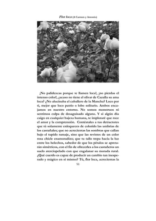 51
Flor loca (A Carmen y Antonio)
¡No palidezcas porque te llamen loca!, ¡no pierdas el
intenso color!, ¿acaso no tiene el olivar de Cazalla su ama
loca? ¿No alucinaba el caballero de la Mancha? Loco por
ti, mejor que loco patrio o lobo solitario. Ambos enca-
jamos en nuestro entorno. No somos monstruos ni
sentimos culpa de desaguisado alguno. Y si algún día
caigo en cualquier bajeza humana, te imploraré que roce
el amor y la comprensión. Contéstales a tus detractores
que tú solamente enloqueces de colorido las umbrías de
los castañales; que no acrecientas las sombras que callan
bajo el tupido ramaje, sino que las revistes de un color
rosa chicle enamoradizo; que tu tallo trepa hacia la luz
entre los helechos, sabedor de que los pétalos se apreta-
rán simétricos, con el fin de ofrecerles a los castañeros un
suelo aterciopelado con que engalanar su morada rural.
¿Qué cuerdo es capaz de producir un cambio tan inespe-
rado y mágico en sí mismo? Tú, flor loca, acrecientas la
 