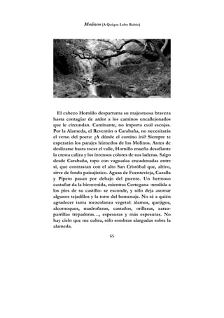 65
Molinos (A Quique Lobo Rubio)
El cabezo Hornillo desparrama su majestuosa braveza
hasta contagiar de ardor a los caminos encallejonados
que le circundan. Caminante, no importa cuál escojas.
Por la Alameda, el Reventón o Carabaña, no necesitarás
el verso del poeta: ¿A dónde el camino irá? Siempre te
esperarán los parajes húmedos de los Molinos. Antes de
deslizarse hasta tocar el valle, Hornillo enseña desafiante
la cresta caliza y los intensos colores de sus laderas. Salgo
desde Carabaña, topo con vaguadas encadenadas entre
sí, que contrastan con el alto San Cristóbal que, altivo,
sirve de fondo paisajístico. Aguas de Fuentevieja, Cazalla
y Pipero pasan por debajo del puente. Un hermoso
castañar da la bienvenida, mientras Cortegana -rendida a
los pies de su castillo- se esconde, y sólo deja asomar
algunos tejadillos y la torre del homenaje. No sé a quién
agradecer tanta mezcolanza vegetal: álamos, quejigos,
alcornoques, madroñeras, castaños, orilleras, zarza-
parrillas trepadoras…, espesuras y más espesuras. No
hay cielo que me cubra, sólo sombras alargadas sobre la
alameda.
 