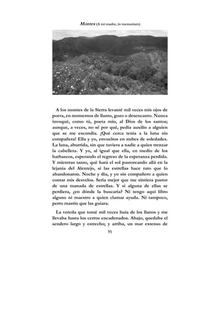 95
Montes (A mi madre, in memoriam)
A los montes de la Sierra levanté mil veces mis ojos de
poeta, en momentos de llanto, gozo o desencanto. Nunca
invoqué, como tú, poeta mío, al Dios de los santos;
aunque, a veces, no sé por qué, pedía auxilio a alguien
que se me escondía. ¡Qué cerca tenía a la luna sin
compañera! Ella y yo, envueltos en nubes de soledades.
La luna, aburrida, sin que tuviera a nadie a quien trenzar
la cabellera. Y yo, al igual que ella, en medio de los
barbascos, esperando el regreso de la esperanza perdida.
Y mientras tanto, qué hará el sol pastoreando allá en la
lejanía del Alentejo, si las estrellas hace rato que lo
abandonaron. Noche y día, y yo sin compañero a quien
contar mis desvelos. Sería mejor que me sintiera pastor
de una manada de estrellas. Y si alguna de ellas se
perdiera, ¿en dónde la buscaría? Ni tengo aquí libro
alguno ni maestro a quien clamar ayuda. Ni tampoco,
perro mastín que las guiara.
La vereda que tomé mil veces huía de los llanos y me
llevaba hasta los cerros encadenados. Abajo, quedaba el
sendero largo y estrecho; y arriba, un mar extenso de
 