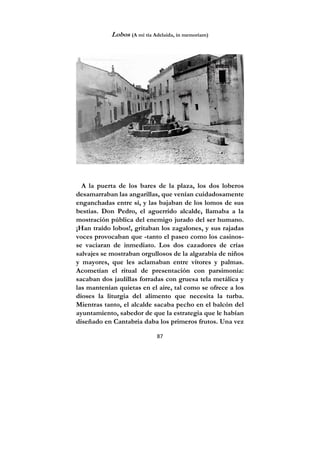 87
Lobos (A mi tía Adelaida, in memoriam)
A la puerta de los bares de la plaza, los dos loberos
desamarraban las angarillas, que venían cuidadosamente
enganchadas entre sí, y las bajaban de los lomos de sus
bestias. Don Pedro, el aguerrido alcalde, llamaba a la
mostración pública del enemigo jurado del ser humano.
¡Han traído lobos!, gritaban los zagalones, y sus rajadas
voces provocaban que -tanto el paseo como los casinos-
se vaciaran de inmediato. Los dos cazadores de crías
salvajes se mostraban orgullosos de la algarabía de niños
y mayores, que les aclamaban entre vítores y palmas.
Acometían el ritual de presentación con parsimonia:
sacaban dos jaulillas forradas con gruesa tela metálica y
las mantenían quietas en el aire, tal como se ofrece a los
dioses la liturgia del alimento que necesita la turba.
Mientras tanto, el alcalde sacaba pecho en el balcón del
ayuntamiento, sabedor de que la estrategia que le habían
diseñado en Cantabria daba los primeros frutos. Una vez
 