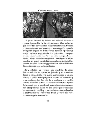 91
Corcho (A Marisol y Pepe)
Ya, pocos olivares de nuestra alta serranía resisten el
empuje implacable de los alcornoques, árbol suberoso
que esconderá su voracidad entre bellos ramajes. Cuando
el campesino serrano bosteza, el alcornoque lo espabila
enseguida, erigido en triunfador de desidias y perezas; y
ocupa -bellota engendrada en pimpollo- cualquier
espacio abandonado y vacío de nuestros campos. Lenta-
mente, tronco y ramillas empiezan a configurar la visto-
sidad de un nuevo paisaje fascinante, hasta quedar dibu-
jado en los aires como un gigantón con robustos brazos
de caprichosas figuras horquilladas.
Hoy, solsticio de verano, una cuadrilla de cinco
descorchadores, un rajador, un juntador y un acarreador
llegan a mi cortijillo. Tal como corresponde a un día
festivo, la casera tiene preparado el café, las dulzainas y
el aguardiente. Son las seis de la mañana, y el pueblo
serrano mantiene todavía las farolas encendidas. Ajetreo
de herramientas y ladridos de perros inquietos acompa-
ñan a las primeras claras del día. El sol que apenas roza
las almenas del castillo y el hacha alunada -tocando sobre
la piedra afiladora- encienden de luz y sonido los reco-
vecos del espeso alcornocal.
 
