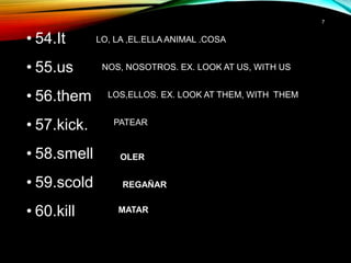 • 54.It
• 55.us
• 56.them
• 57.kick.
• 58.smell
• 59.scold
• 60.kill
7
LO, LA ,EL.ELLA ANIMAL .COSA
NOS, NOSOTROS. EX. LOOK AT US, WITH US
LOS,ELLOS. EX. LOOK AT THEM, WITH THEM
PATEAR
OLER
REGAÑAR
MATAR
 