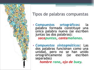 Tipos de palabras compuestas

• Compuestos      ortográficos: la
  palabra formada constituye una
  única palabra nueva (se escriben
  juntas las dos palabras):
    sacapuntas, cantamañanas.

• Compuestos sintagmáticos: Las
  dos palabras funcionan como una
  unidad, pero no se han unido
  ortográficamente (se escriben
  separadas)
     hombre rana, ojo de buey.
 
