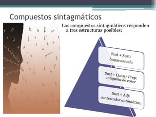 Compuestos sintagmáticos
             Los compuestos sintagmáticos responden
               a tres estructuras posibles:
 