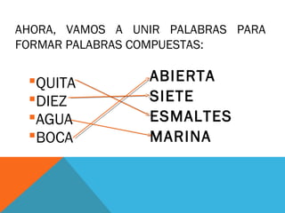 QUITA
DIEZ
AGUA
BOCA
ABIERTA
SIETE
ESMALTES
MARINA
AHORA, VAMOS A UNIR PALABRAS PARA
FORMAR PALABRAS COMPUESTAS:
 