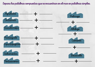 Cortaúñas
Guardarropa
Espantapájaros
Separa las palabras compuestas que se encuentran en el mar en palabras simples.
Separa las palabras compuestas que se encuentran en el mar en palabras simples.
Agridulce
Puntiagudo
Pelirrojo
Saltamontes
Portaaviones
Altibajo
Ciempiés
Bocacalle
 