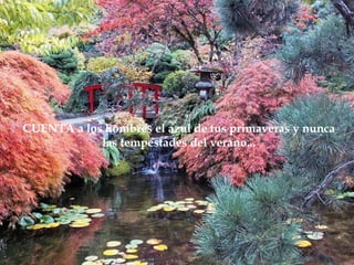 CUENTA a los hombres el azul de tus primaveras y nunca
            las tempestades del verano...
 