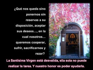¿Qué nos queda sino ponernos sin reservas a su disposición, aceptar sus deseos…, en la cual nosotros… queremos cooperar, sufrir, sacrificarnos y rezar?  
