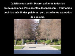 Quisiéramos pedir: Madre, quítanos todas las preocupaciones. Pero si éstas desaparecen… Podríamos decir las más lindas palabras, pero estaríamos saturados de egoísmo. 