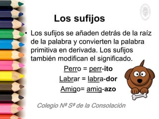 Los sufijos
• Los sufijos se añaden detrás de la raíz
de la palabra y convierten la palabra
primitiva en derivada. Los sufijos
también modifican el significado.
Perro = perr-ito
Labrar = labra-dor
Amigo= amig-azo
 