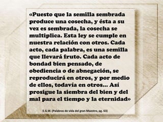 «Puesto que la semilla sembrada
produce una cosecha, y ésta a su
vez es sembrada, la cosecha se
multiplica. Esta ley se cumple en
nuestra relación con otros. Cada
acto, cada palabra, es una semilla
que llevará fruto. Cada acto de
bondad bien pensado, de
obediencia o de abnegación, se
reproducirá en otros, y por medio
de ellos, todavía en otros… Así
prosigue la siembra del bien y del
mal para el tiempo y la eternidad»
E.G.W. (Palabras de vida del gran Maestro, pg. 63)
 