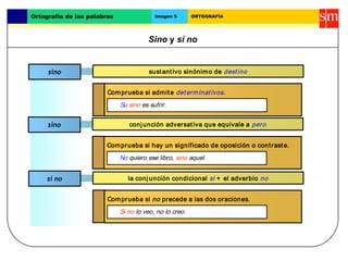 Ortografía de las palabras Imagen 5 ORTOGRAFÍA 
Sino y si no 
sino sustant ivo sinónimo de dest ino 
Comprueba si admite d...