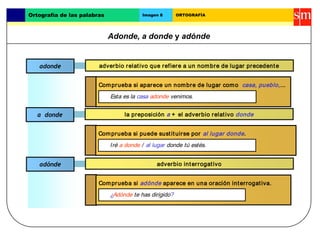 Ortografía de las palabras Imagen 8 ORTOGRAFÍA 
Adonde, a donde y adónde 
adonde adverbio relat ivo que refiere a un nombr...