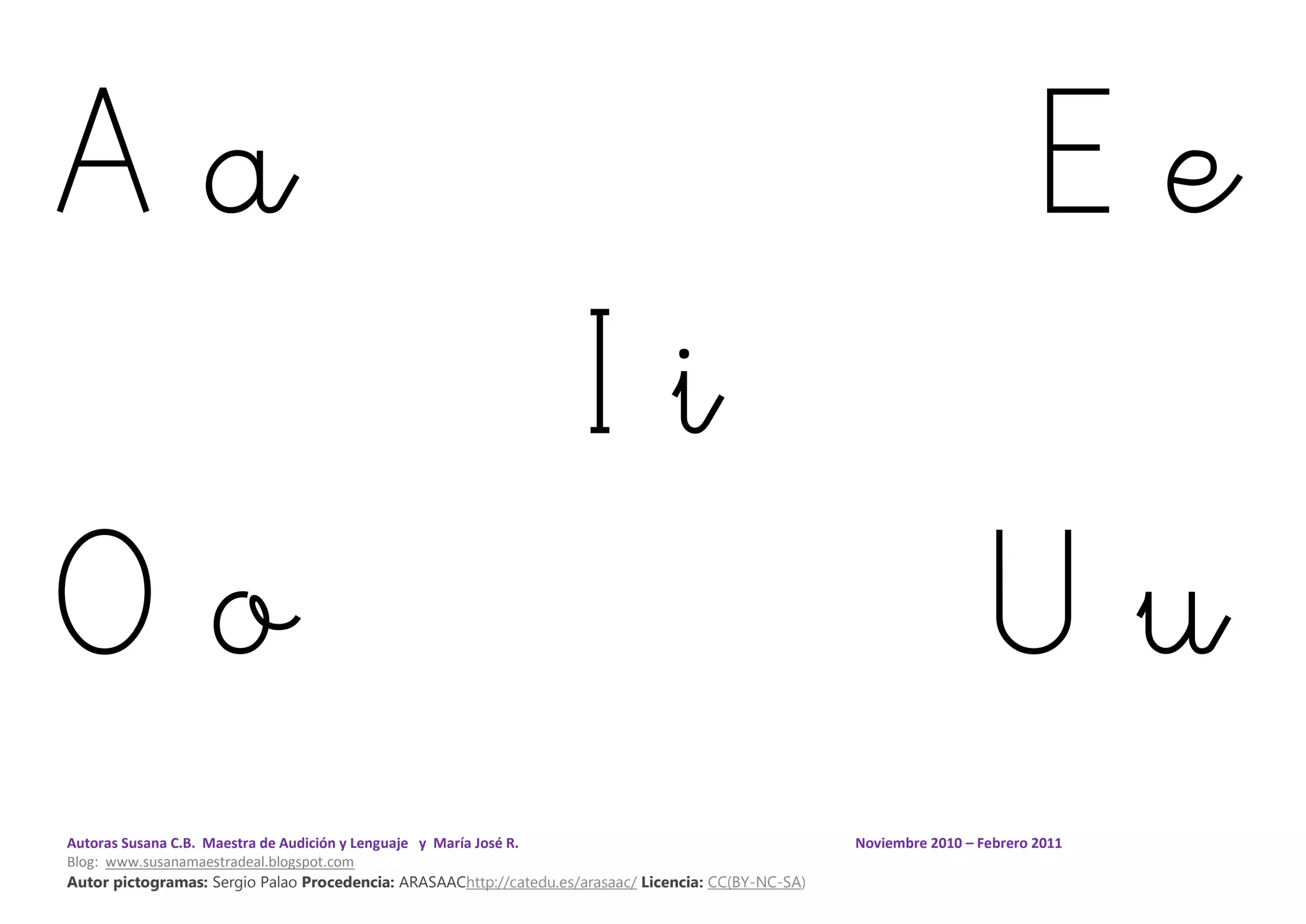 Autoras Susana C.B. Maestra de Audición y Lenguaje y María José R. Noviembre 2010 – Febrero 2011
Blog: www.susanamaestradeal.blogspot.com
Autor pictogramas: Sergio Palao Procedencia: ARASAAChttp://catedu.es/arasaac/ Licencia: CC(BY-NC-SA)
A a E e
I i
O o U u
 
