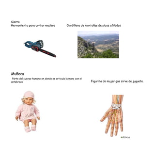 Sierra Herramienta para cortar madera Cordillera de montañas de picos afilados Muñeca Parte del cuerpo humano en donde se articula la mano con el antebrazo  Figurilla de mujer que sirve de juguete. 