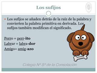 Los sufijos
 Los sufijos se añaden detrás de la raíz de la palabra y
convierten la palabra primitiva en derivada. Los
sufijos también modifican el significado.
Perro = perr-ito
Labrar = labra-dor
Amigo= amig-azo
 