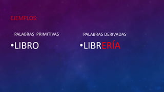 EJEMPLOS:
PALABRAS PRIMITIVAS
•LIBRO
PALABRAS DERIVADAS
•LIBRERÍA
 