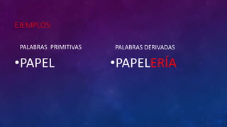 EJEMPLOS:
PALABRAS PRIMITIVAS
•PAPEL
PALABRAS DERIVADAS
•PAPELERÍA
 