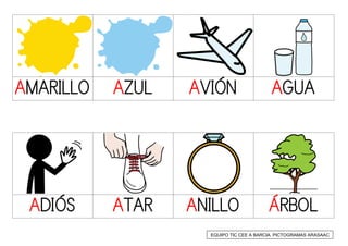 AMARILLO AZUL AVIÓN AGUA
ADIÓS ATAR ANILLO ÁRBOL
EQUIPO TIC CEE A BARCIA. PICTOGRAMAS ARASAAC
 